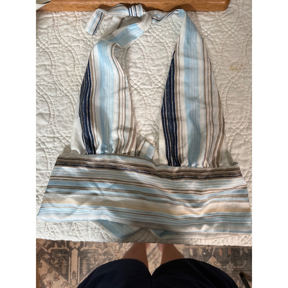 Striped Halter Tie Back Crop Top Blue Brown White XS